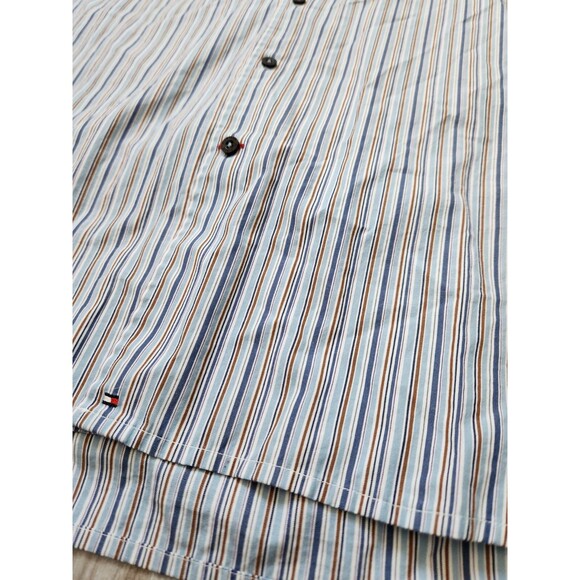 Tommy Hilfiger 80s 2 Ply Fabric Button Up Shirt Blue Brown White Stripe Sz L EUC - Picture 2 of 9